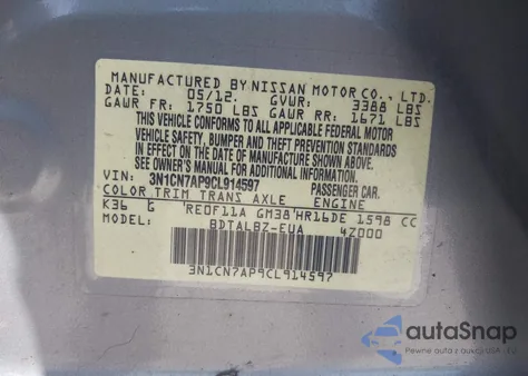 2012 Nissan Versa 1.6 Sv z USA, uszkodzony, nr VIN 3N1CN7AP9CL914597